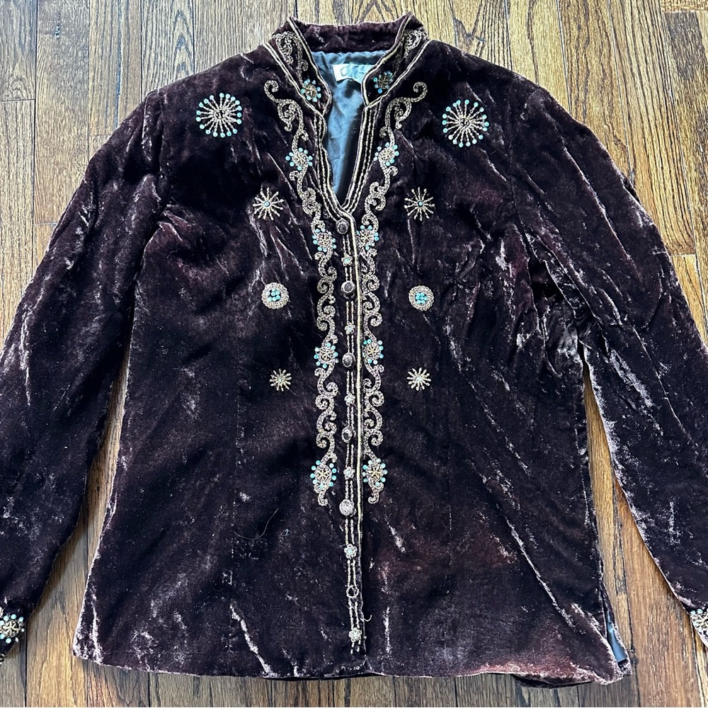 Vintage DressBarn Brown Velvet Jacket with Beaded Accents Large